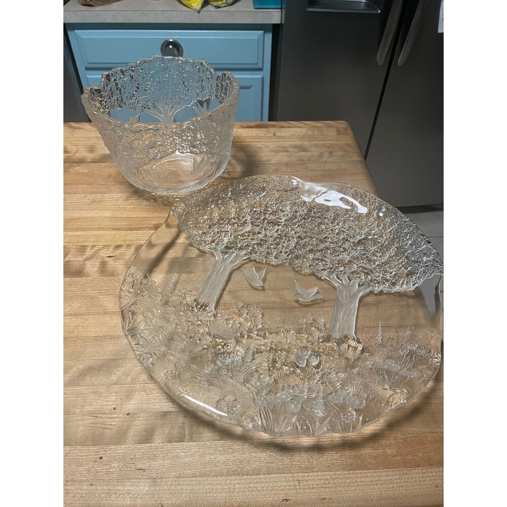 Mikasa "True Love" Clear/Frosted crystal Dove and Tree bowl and platter set